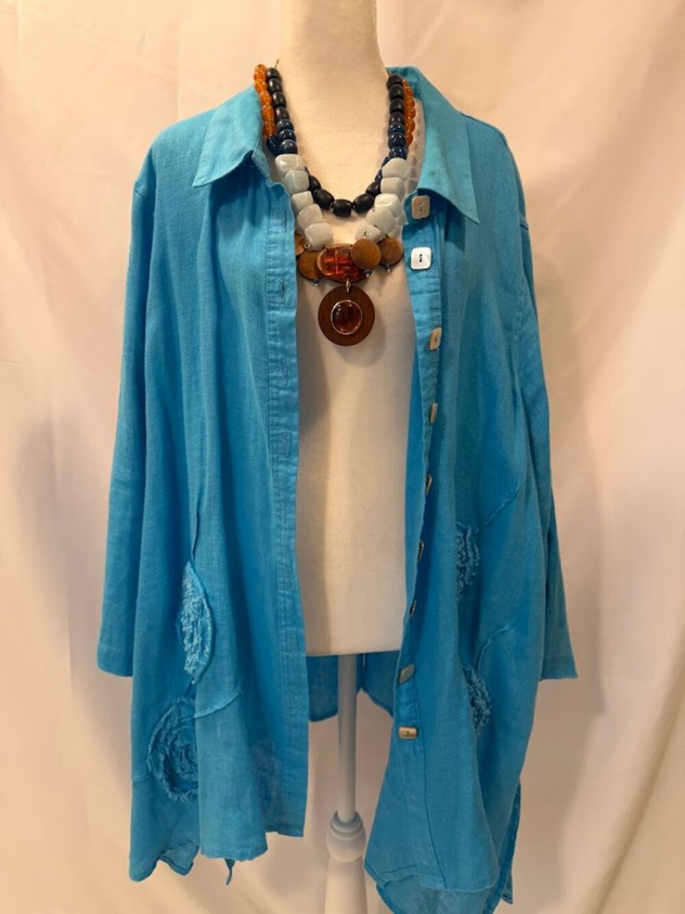 MULTIPLES Blue Color Button Down Top (100% Linen) - 3x